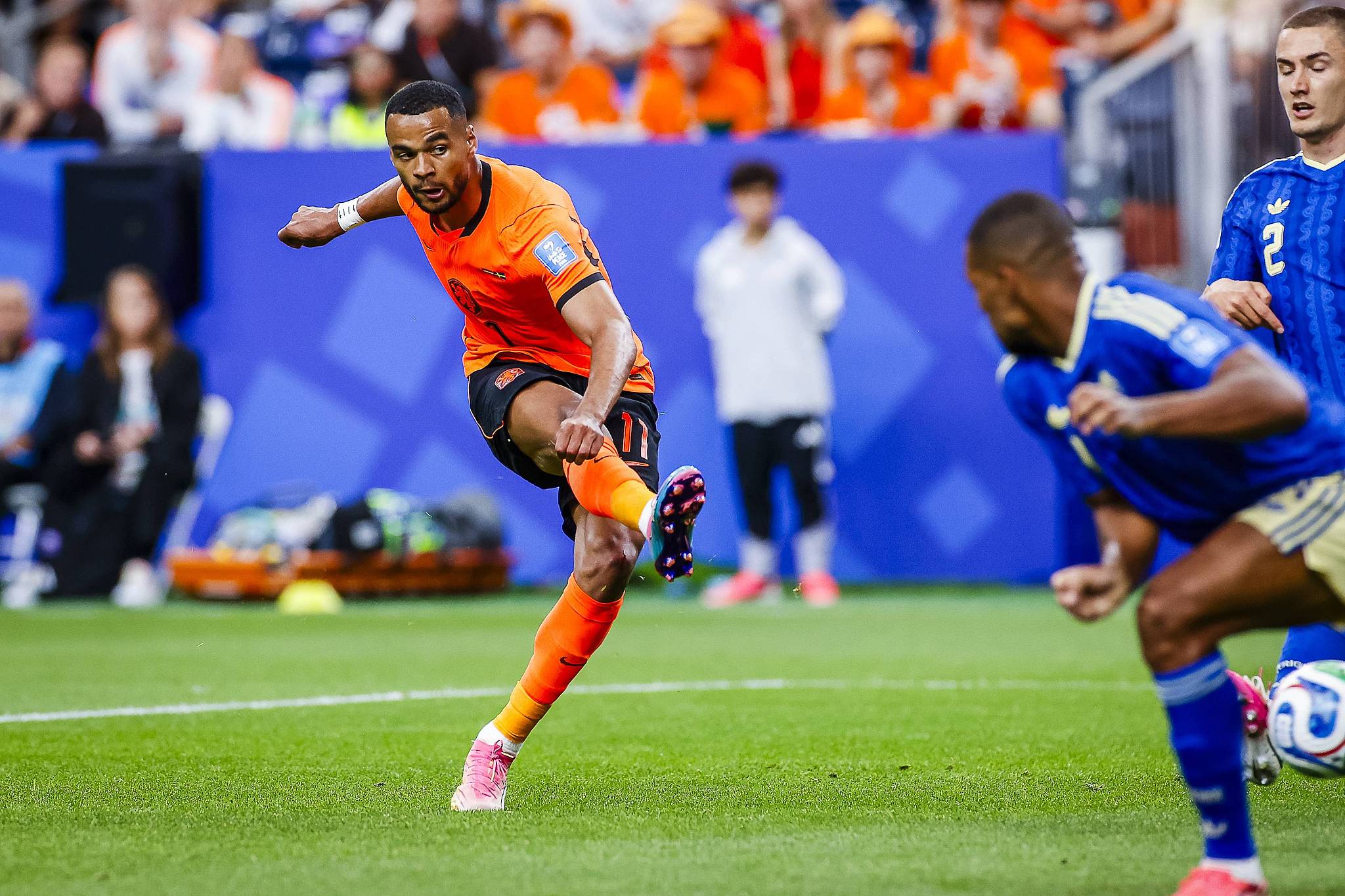 Netherlands striker Cody Gakpo (L) scores a goal against Sweden in a Group F match at the 2026 FIFA World Cup in Houston, Texas, June 20, 2026. /VCG