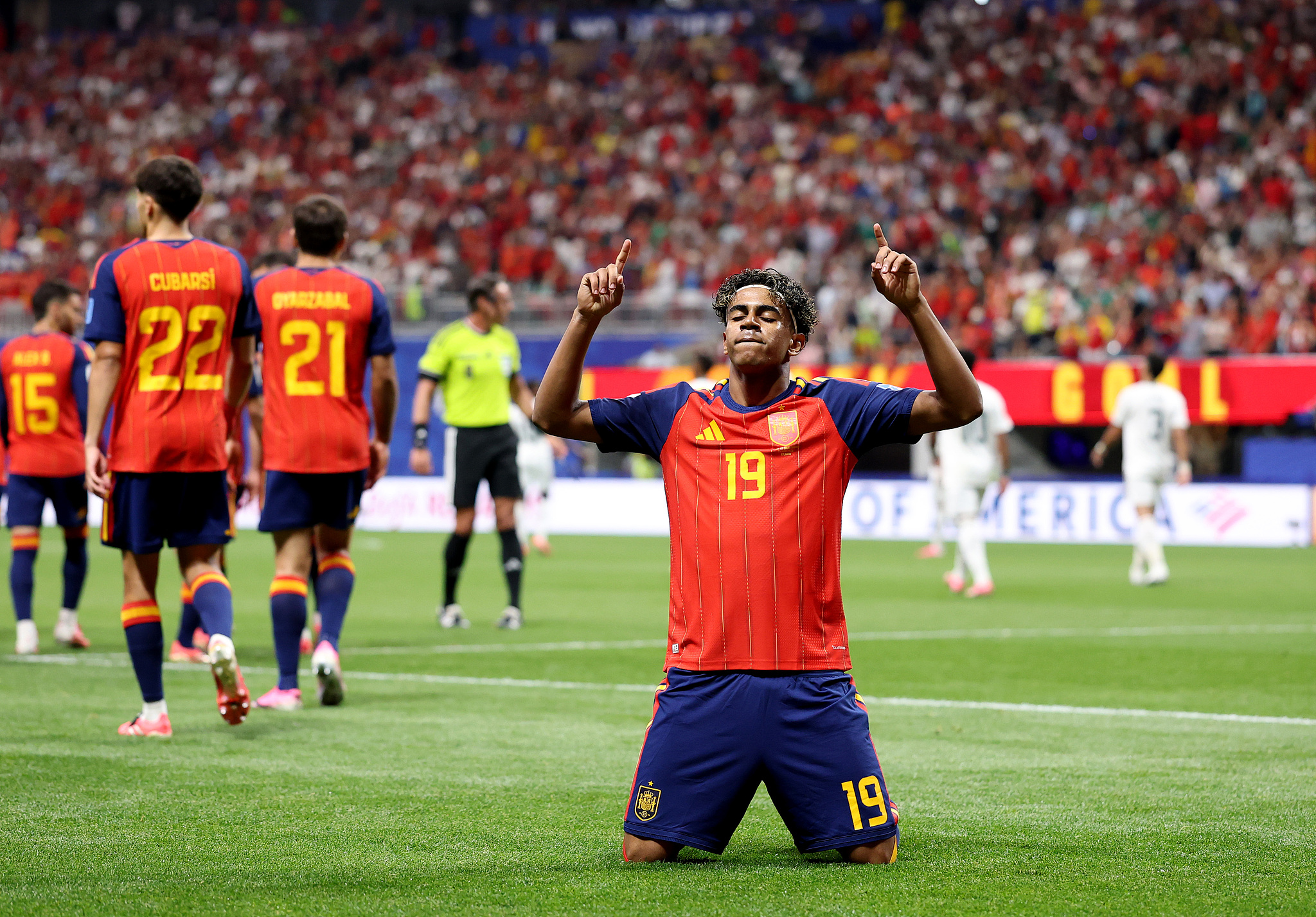 Spain winger Lamine Yamal (#19) celebrates after scoring a goal against Saudi Arabia in a Group H match at the 2026 FIFA World Cup in Atlanta, Georgia, June 21, 2026. /VCG