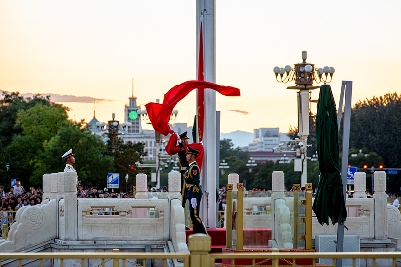 A flag-lowering ceremony is held at Tiananmen Square in Beijing, August 26, 2024. /CFP