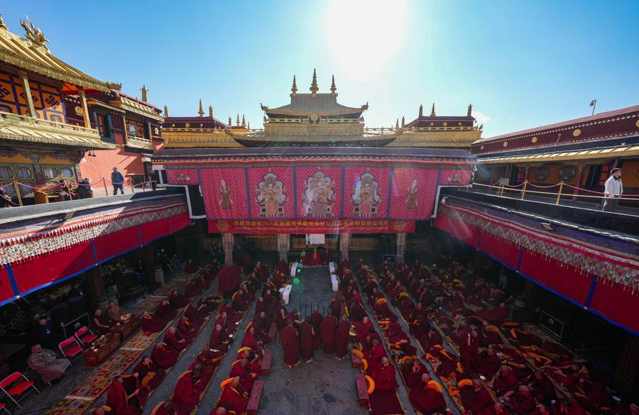 Monks attend a sutra debate and award ceremony conferring the title of Geshe Lharampa at the Jokhang Temple in Lhasa, southwest China's Xizang Autonomous Region, April 5, 2026. /Xinhua