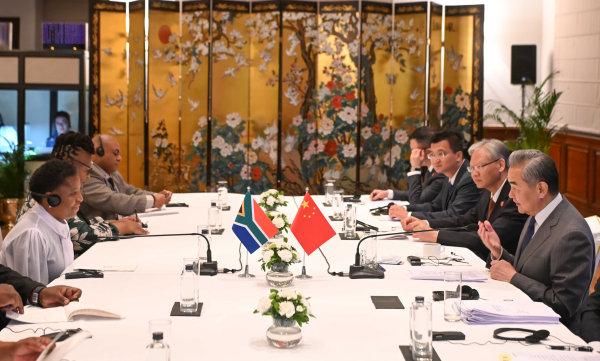 Wang Yi, a member of the Political Bureau of the Communist Party of China (CPC) Central Committee and director of the Office of the Central Commission for Foreign Affairs, meets with South African Minister in the Presidency Khumbudzo Ntshavheni in New Delhi, India, June 22, 2026. /Xinhua