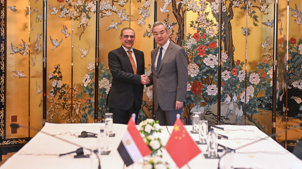 Chinese Foreign Minister Wang Yi meets with Egyptian National Security Council Secretary-General Youssef Alaa El-Din in New Delhi, India, June 22, 2026. /Chinese Foreign Ministry