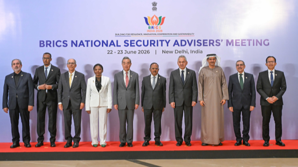 Wang Yi (5th L), a member of the Political Bureau of the Communist Party of China Central Committee and director of the Office of the Central Commission for Foreign Affairs, attends the 16th Meeting of BRICS National Security Advisors and High Representatives on National Security in New Delhi, India, June 23, 2026. /Chinese Foreign Ministry