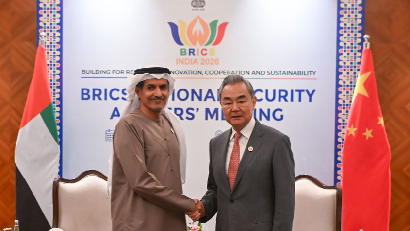 Wang Yi (R), a member of the Political Bureau of the Communist Party of China Central Committee and director of the Office of the Central Commission for Foreign Affairs, meets with Ali Mohammed Hammed AI Shamsi, secretary-general of the Supreme National Security Council of the United Arab Emirates, in New Delhi, India, June 23, 2026. /Xinhua
