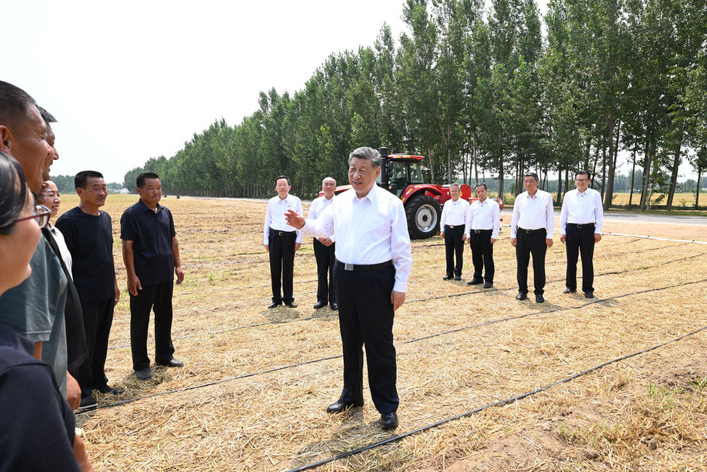 Chinese President Xi Jinping, also general secretary of the Communist Party of China (CPC) Central Committee and chairman of the Central Military Commission, talks to grain growers, farming machinery operators and agricultural technicians during his inspection trip to Dezhou, Shandong Province, China, on June 24, 2026. /Xinhua
