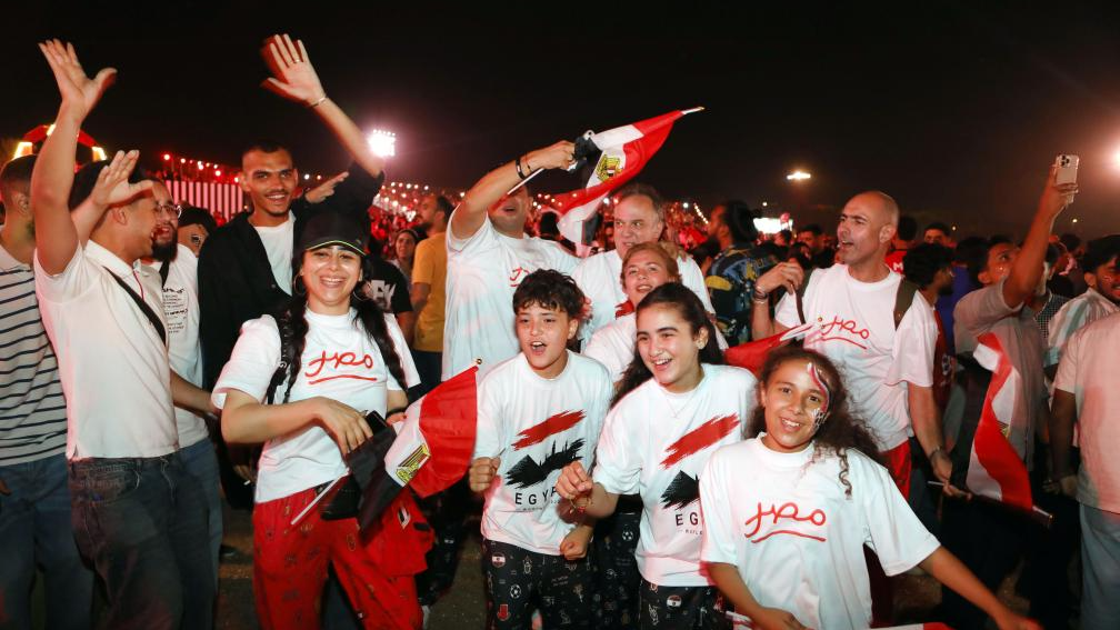 Egyptian fans shout while watching the group G match between Belgium and Egypt at the 2026 FIFA World Cup at fan zone in the New Administrative Capital, east of Cairo, Egypt, June 15, 2026. /Xinhua