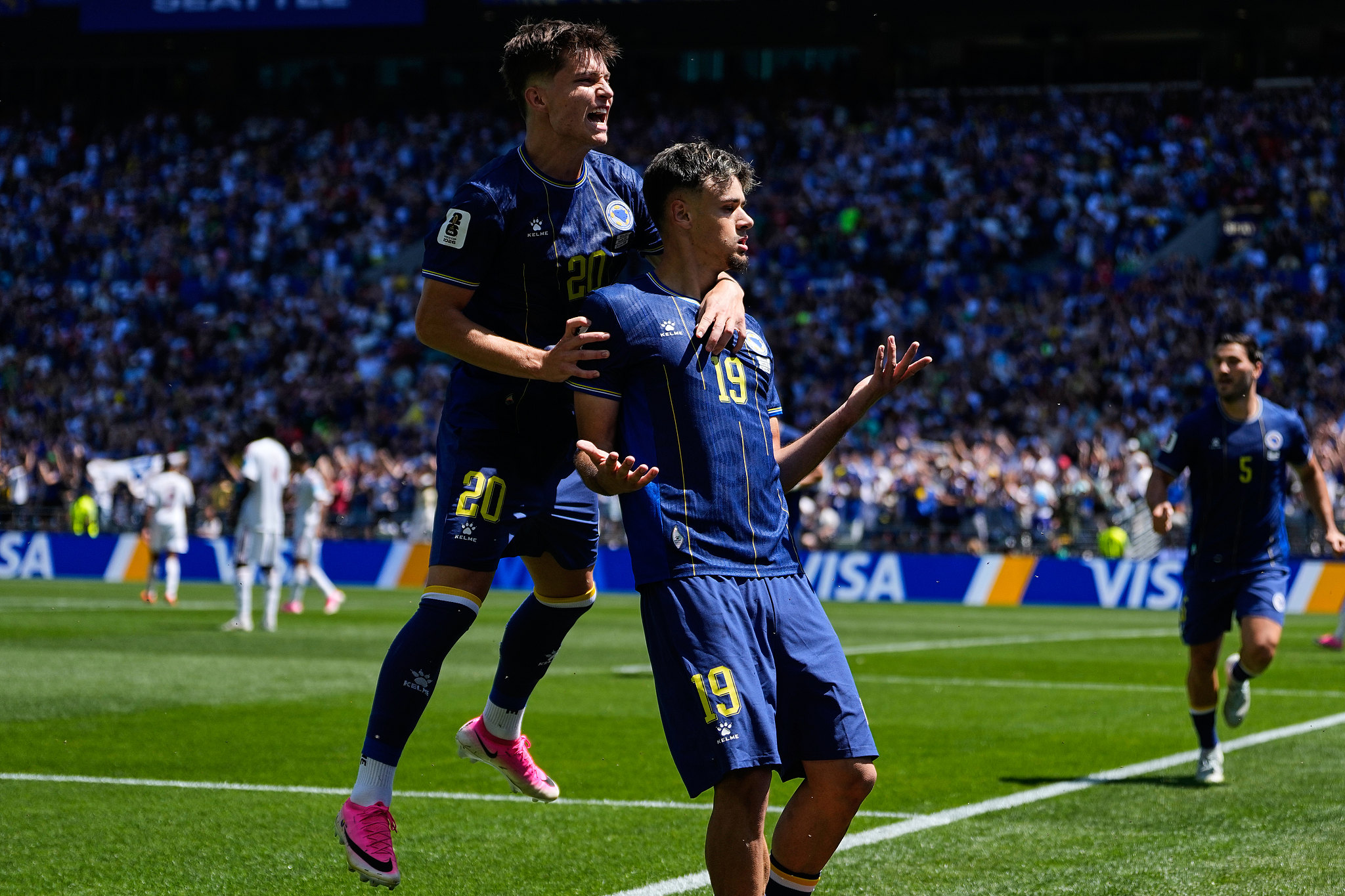 Bosnia and Herzegovina winger Kerim Alajbegovic (#19) celebrates after scoring a goal against Qatar in a Group B match at the 2026 FIFA World Cup in Seattle, Washington, June 24, 2026. /VCG