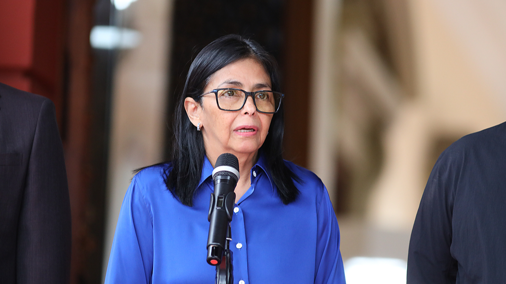 A file photo of Venezuelan Interim President Delcy Rodriguez speaking during a press conference, Caracas, Venezuela, January 14, 2026. /VCG