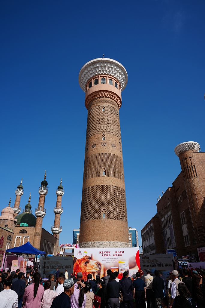 The Silk Road Sightseeing Tower is seen inside the Xinjiang International Grand Bazaar in Urumqi on May 2, 2026. /VCG