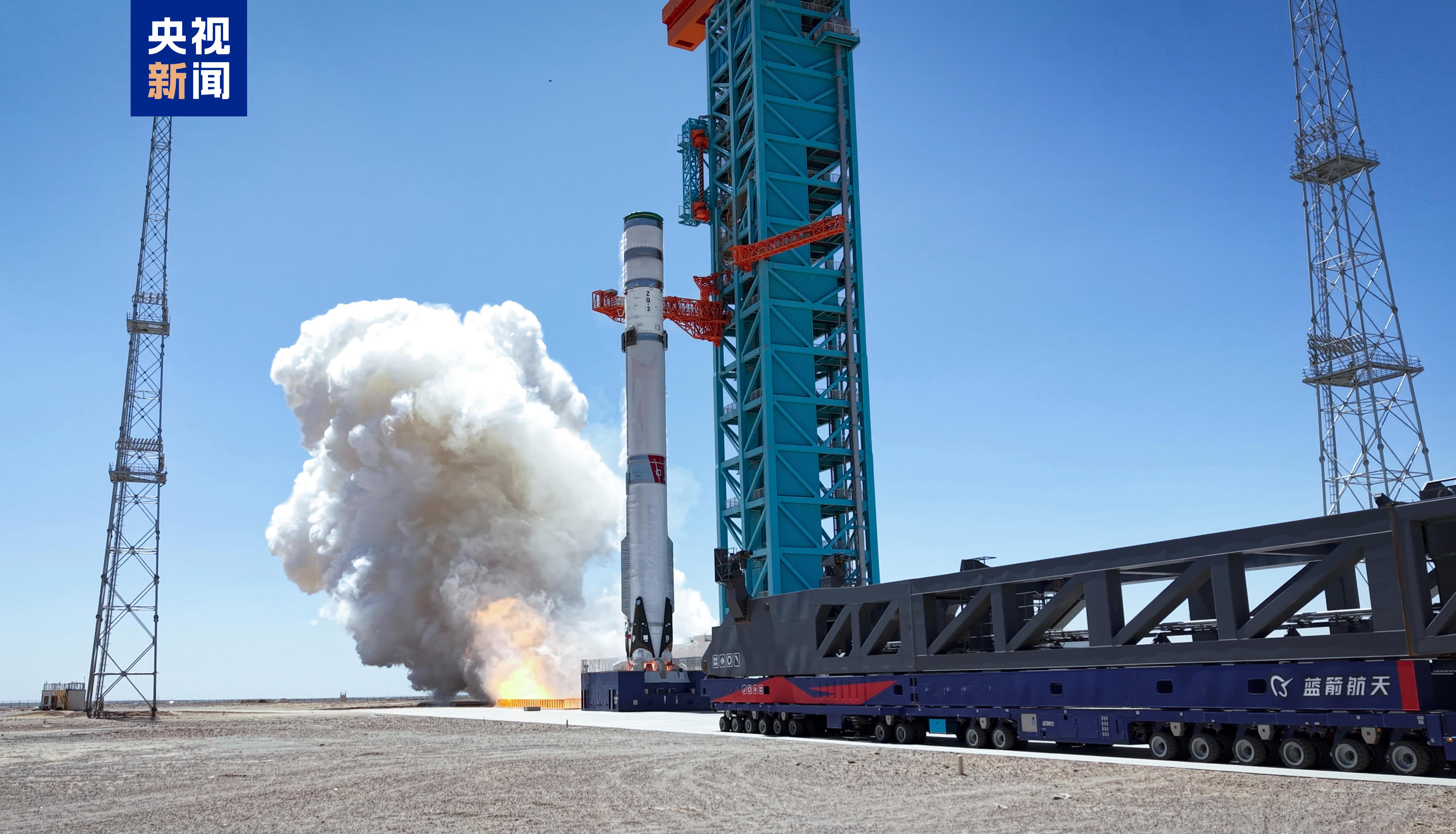China's reusable Zhuque-3 Y-2 rocket completed a static fire test at the Dongfeng commercial space innovation pilot zone in northwest China, June 29, 2026. /CMG