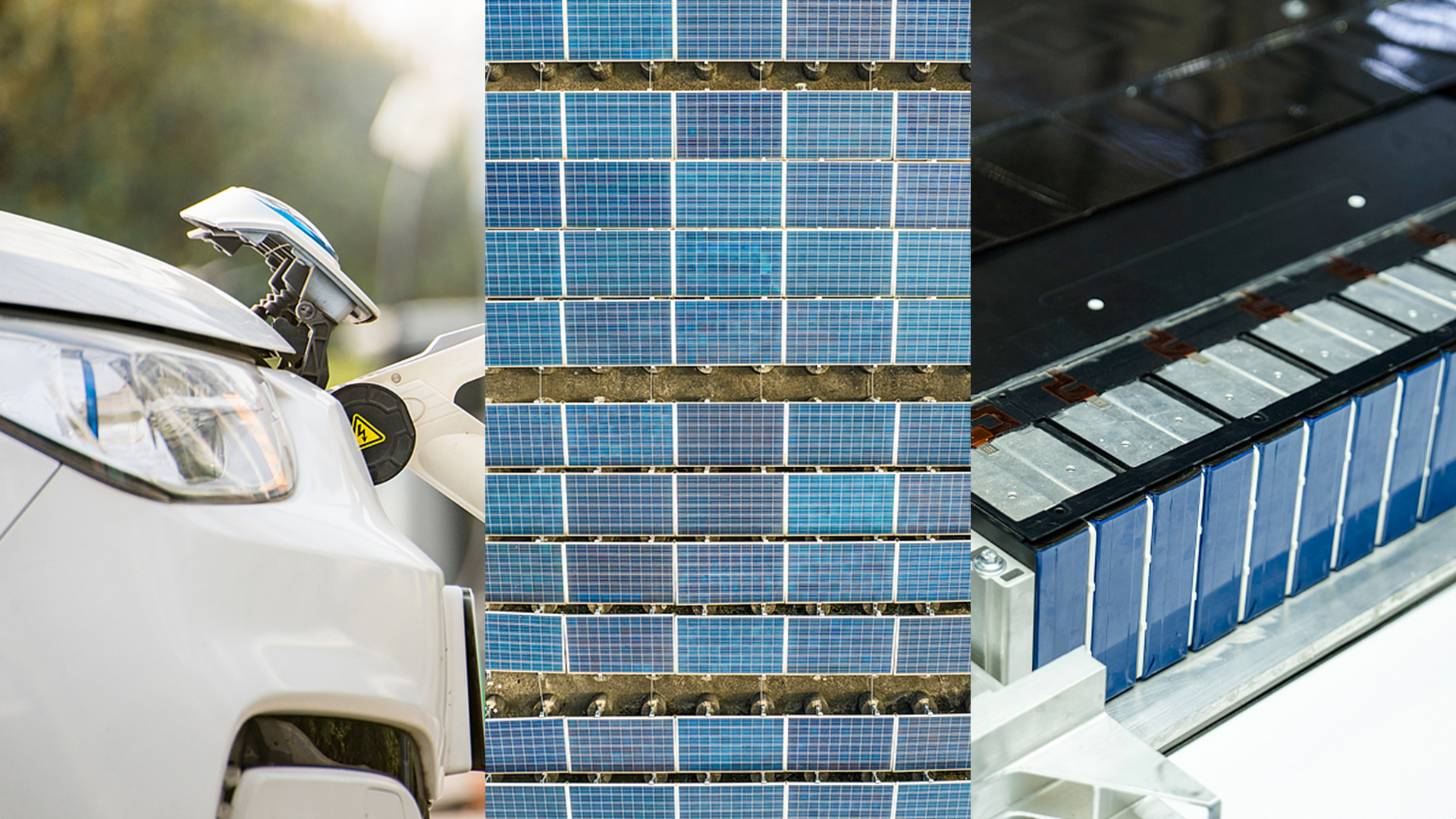 A collage of an electric vehicle being charged, an aeriel view of a photovoltaic farm and batteries in a production line. /VCG