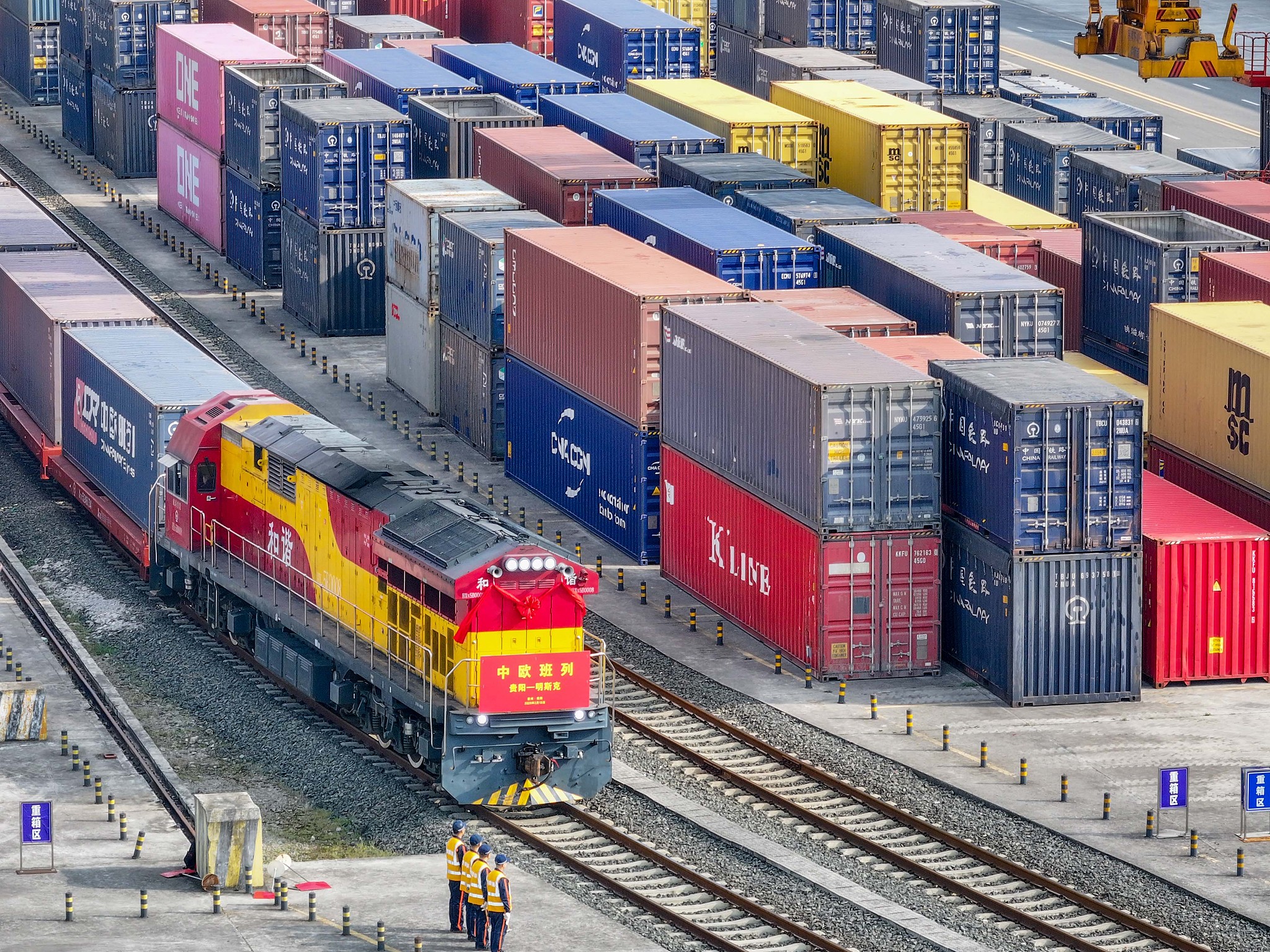 A China-Europe Railway Express freight train loaded with shipping containers awaits departure in Guiyang, Guizhou Province, China, February 15, 2026. /VCG