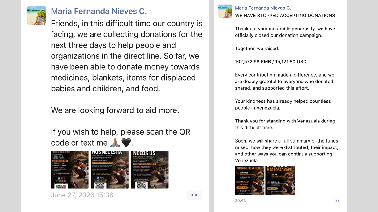 Screenshots of Nanda Nieves's social media posts on June 27 (left), when the donation campaign began, and June 29 (right), when the drive concluded. /CGTN