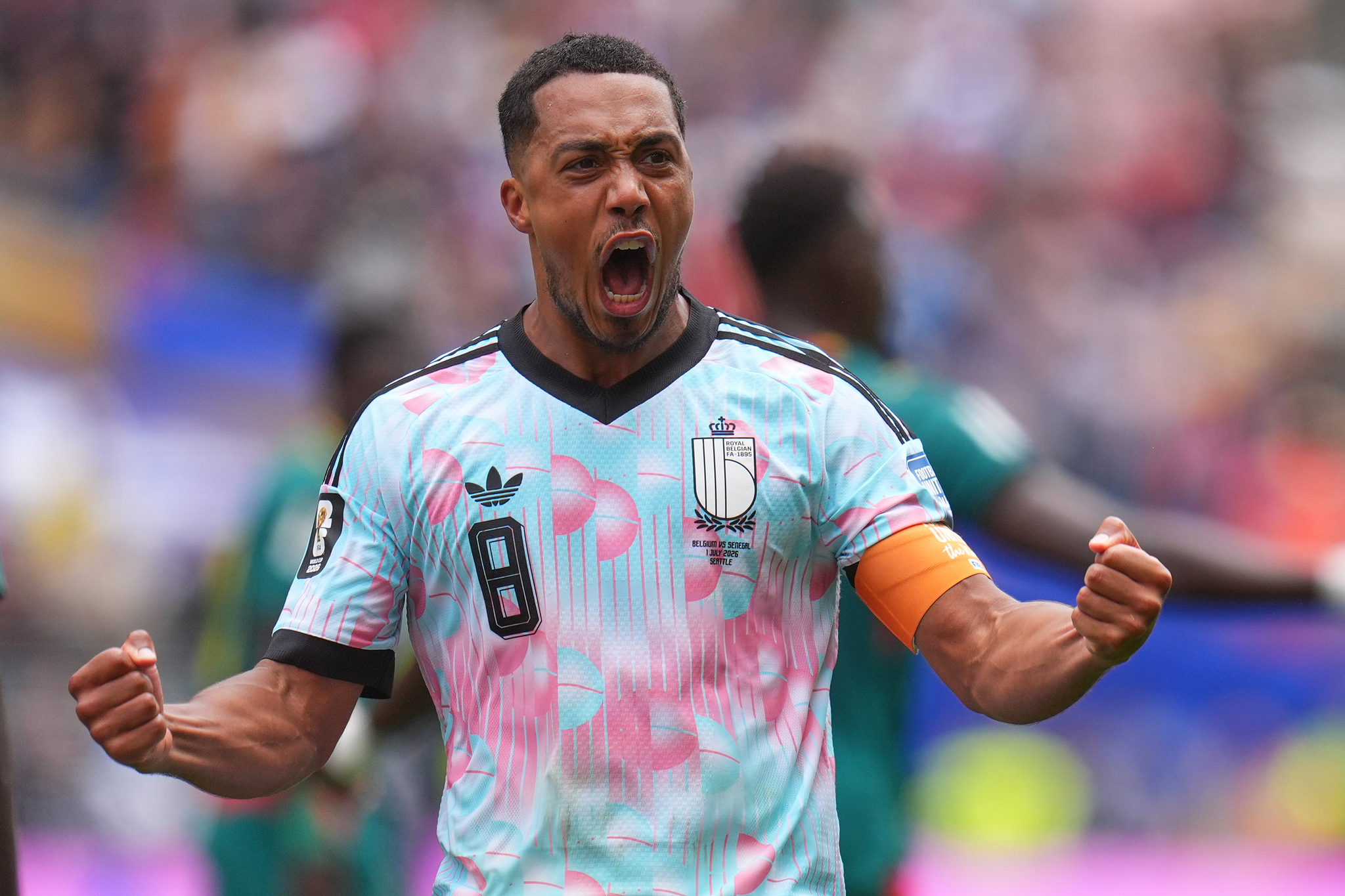 Belgium midfielder Youri Tielemans celebrates after scoring against Senegal in a 2026 FIFA World Cup round-of-32 match in Seattle, July 1, 2026. /VCG