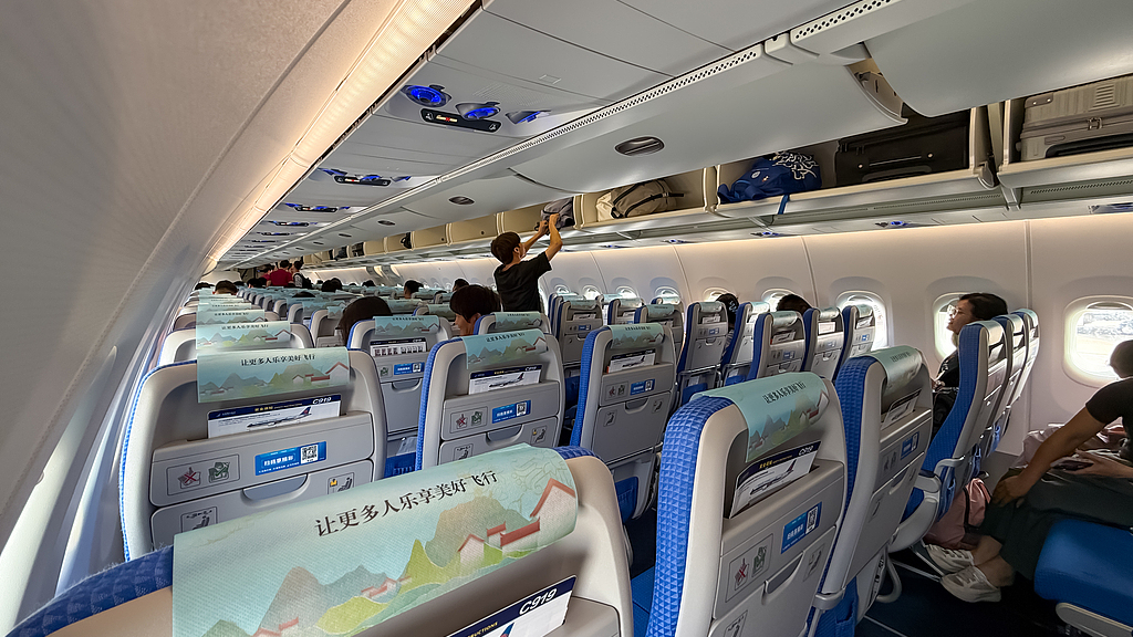 Interior view of a Chinese domestically produced aircraft C919, Zhengzhou, Henan Province, July 16, 2025. /VCG