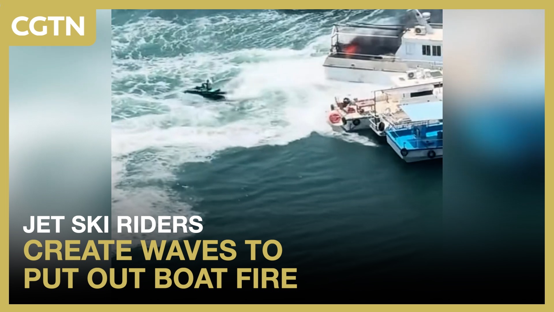 Jet ski riders create waves to put out boat fire