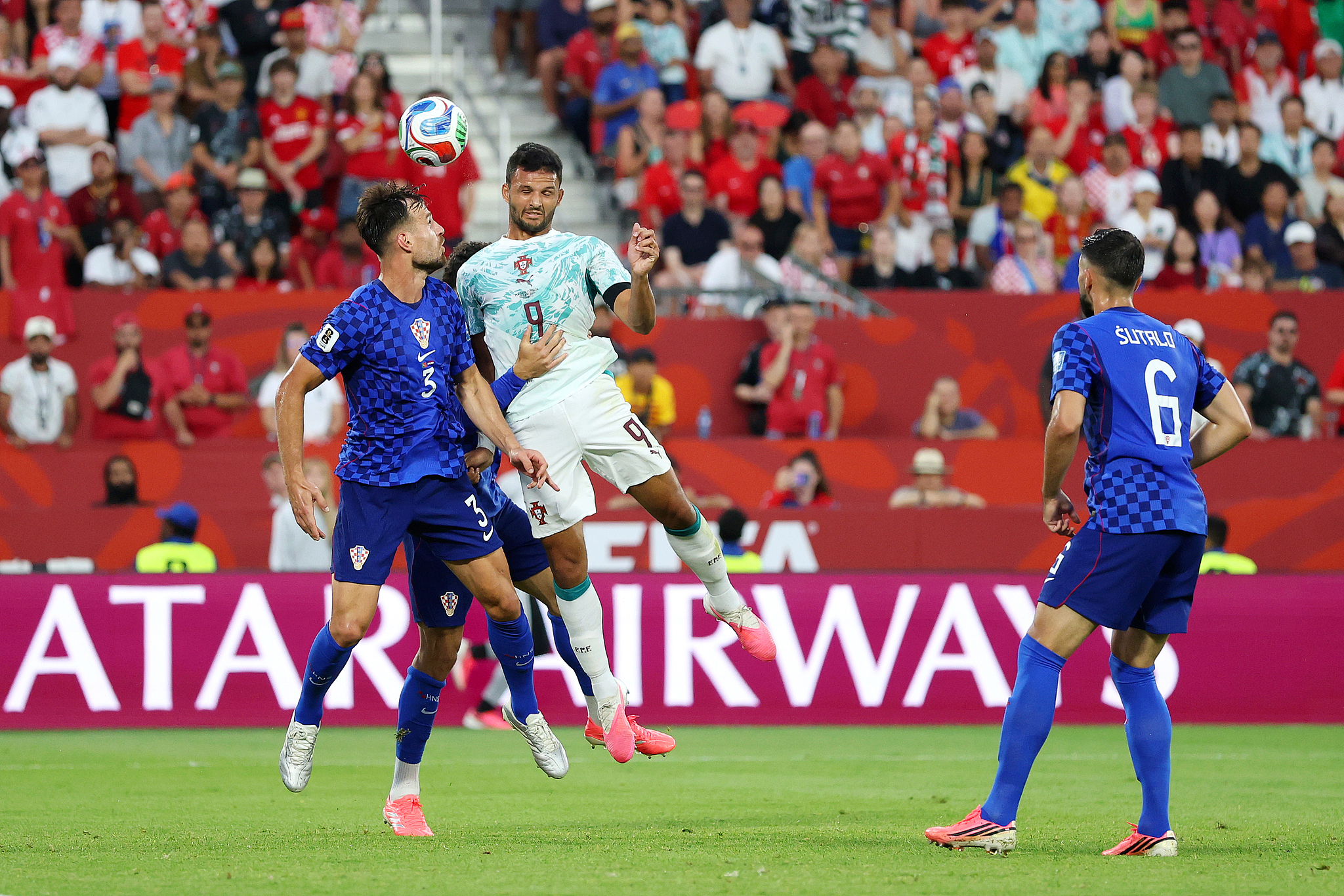 Portugal striker Goncalo Ramos (#9) scores with a header in the round-of-32 match against Croatia at the 2026 FIFA World Cup in Toronto, Canada, July 2, 2026. /VCG
