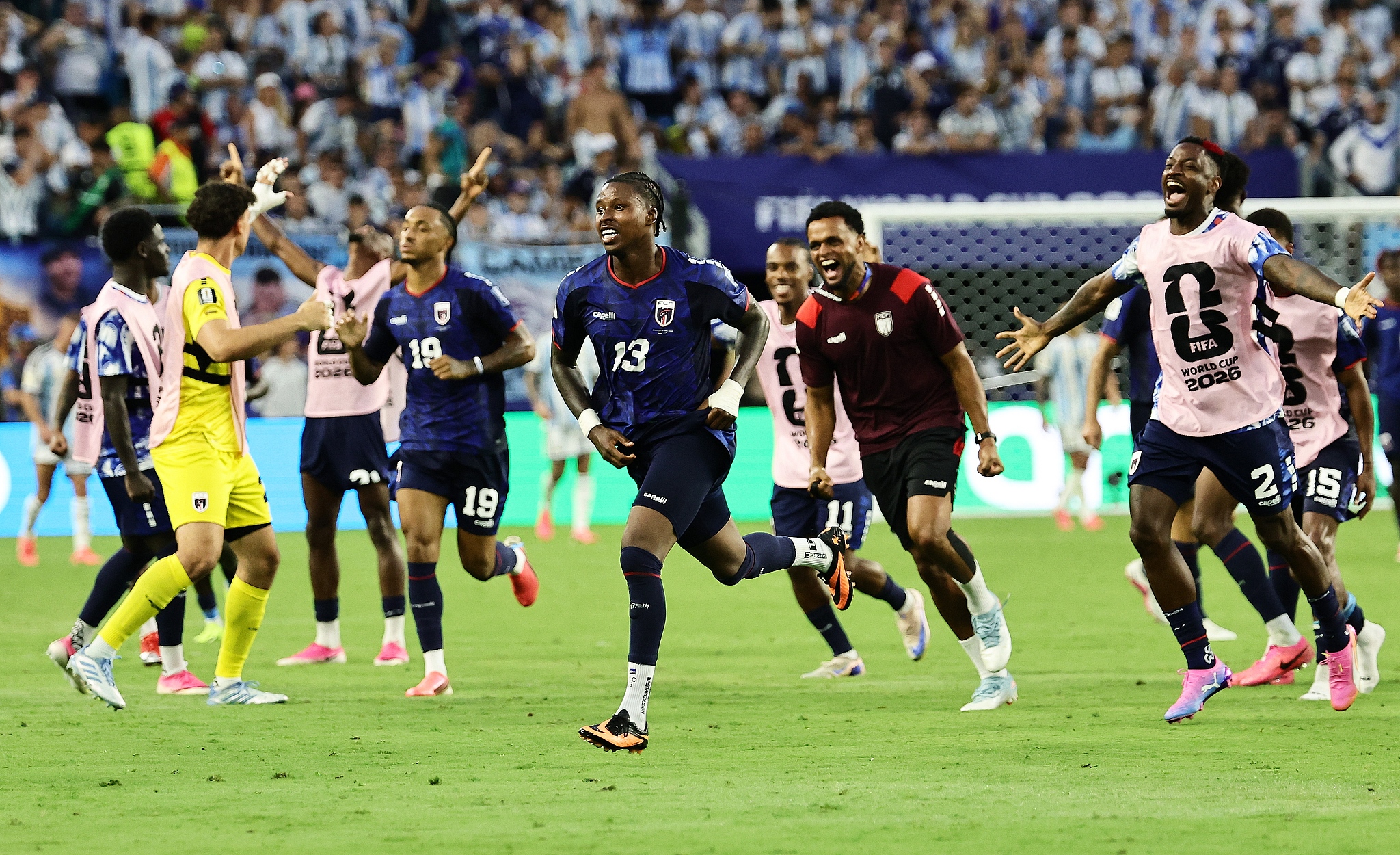 Cabo Verde's players celebrate after scoring against Argentina in a round of 32 match at the 2026 FIFA World Cup in Miami, Florida, United States, July 3, 2026. /VCG