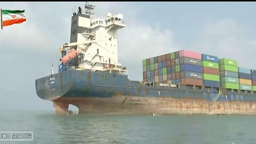This frame grab of footage aired by Iranian state television shows a vessel that ran aground in the Strait of Hormuz, July 1, 2026. /VCG