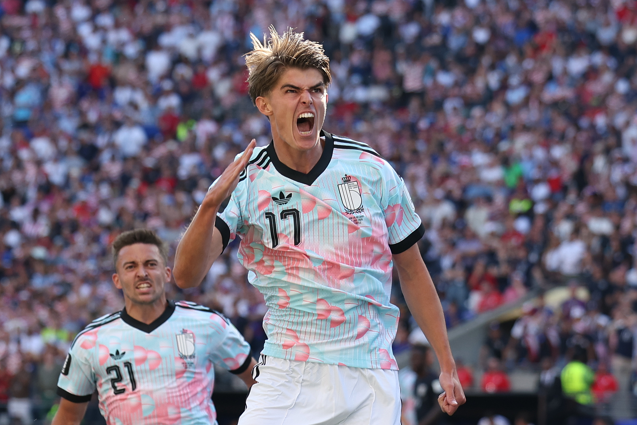 Belgium's Charles De Ketelaere celebrates after scoring his side's opening goal during the World Cup Round of 16 match between US and Belgium in Seattle, United States, July 6, 2026. /VCG