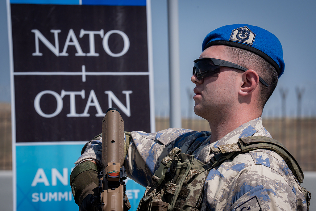 Soldiers stand guard at Ay Yildiz Joint Headquarters where a reception for visiting defense ministers and senior NATO officials is scheduled to be held during the NATO Summit, to be held on July 7 and 8 in Ankara, Turkiye, July 2, 2026. /CFP