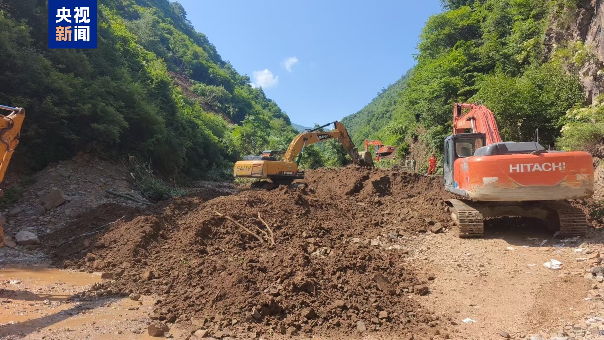 Rescuers work at the site of a landslide that took place at a village in Nanhe township of Tanchang County, Longnan City, northwest China's Gansu Province, July 7, 2026. /CMG