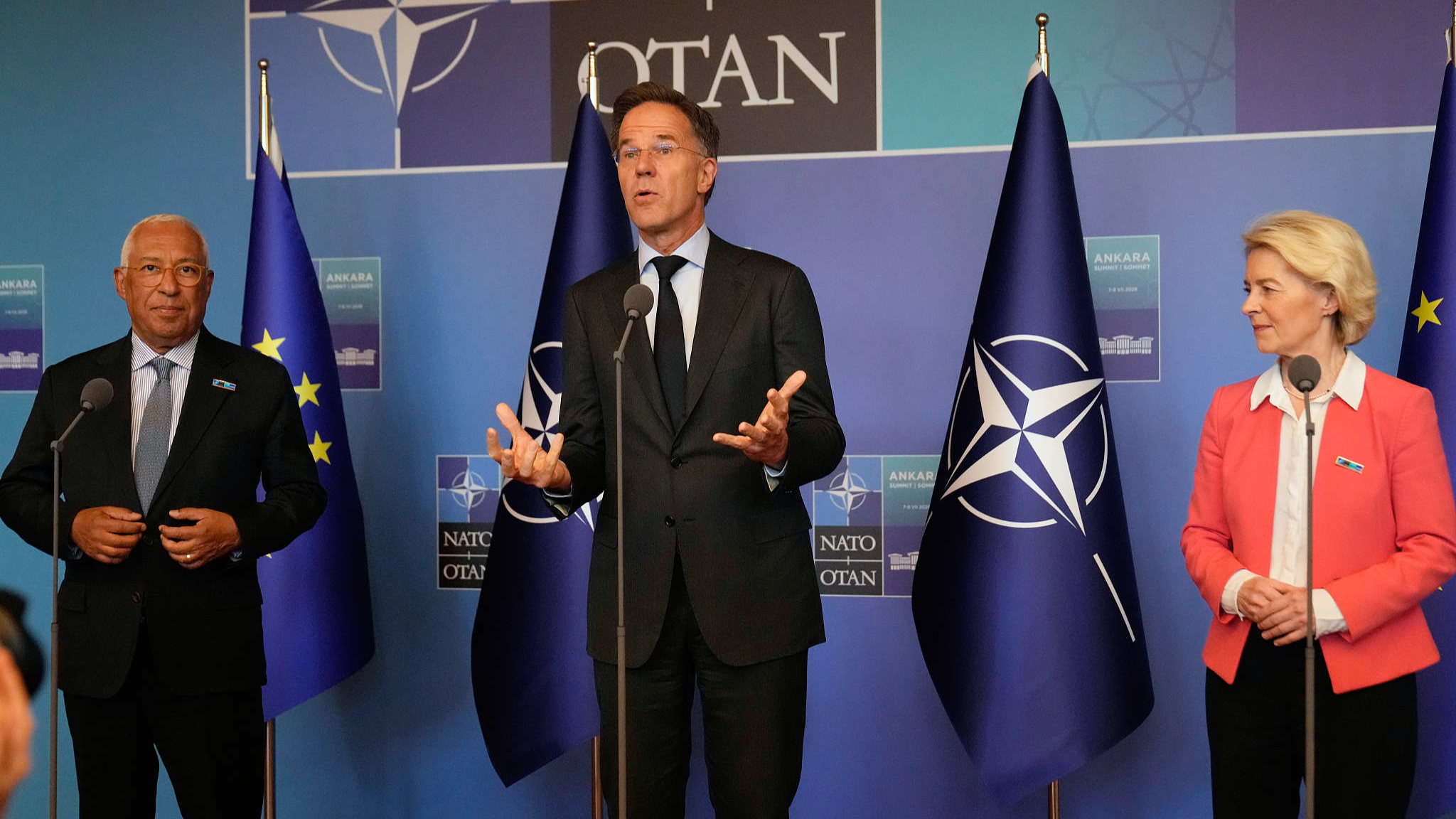 NATO Secretary General Mark Rutte (C) makes a statement to the media with European Council President Antonio Costa and European Commission President Ursula von der Leyen during the NATO summit in Ankara, Türkiye, July 7, 2026. /VCG