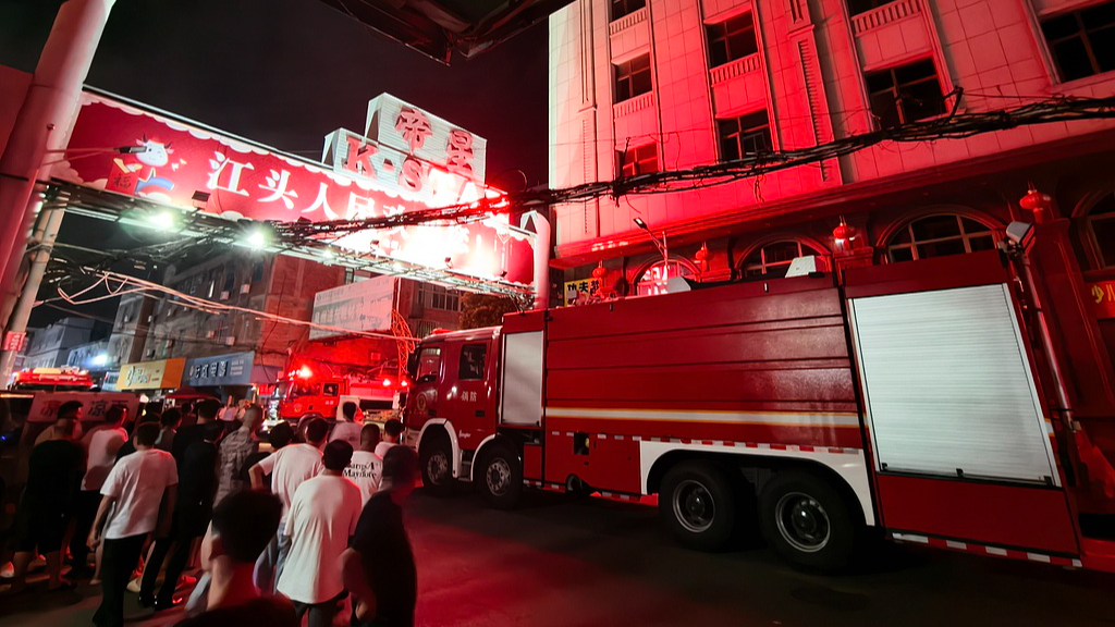 A fire truck is pictured after a fire broke out at a shoe factory in Jiangtou Village, Chendai Township of Jinjiang City, east China's Fujian Province, July 9, 2026. /VCG