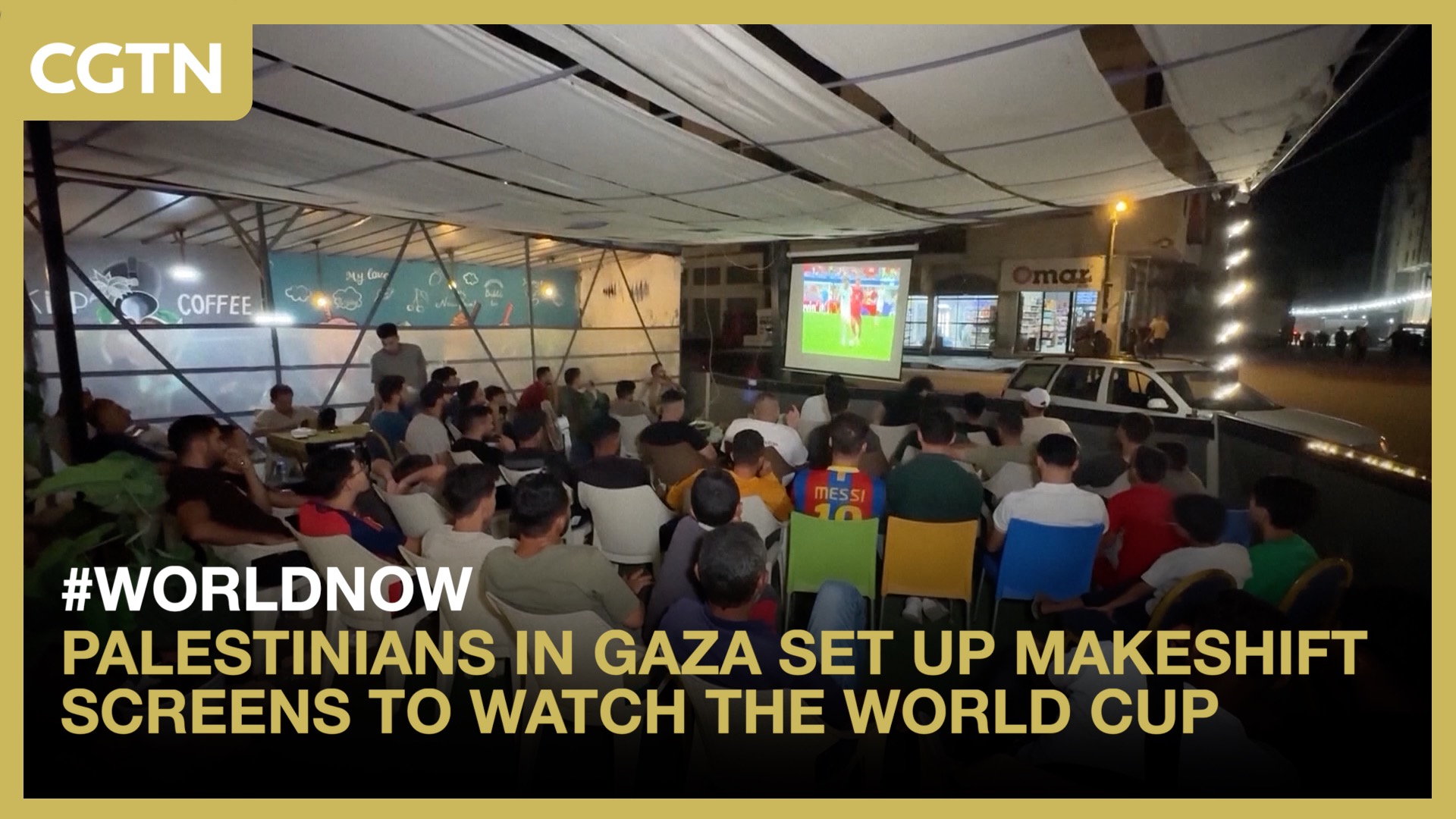 Palestinians in Gaza set up makeshift screens to watch the World Cup