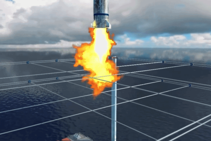 An animation illustrates how hooks on the first-stage rocket latch onto a net mounted on the recovery vessel to enable retrieval. (Credit: CMG Kongtianzhumeng Studio)
