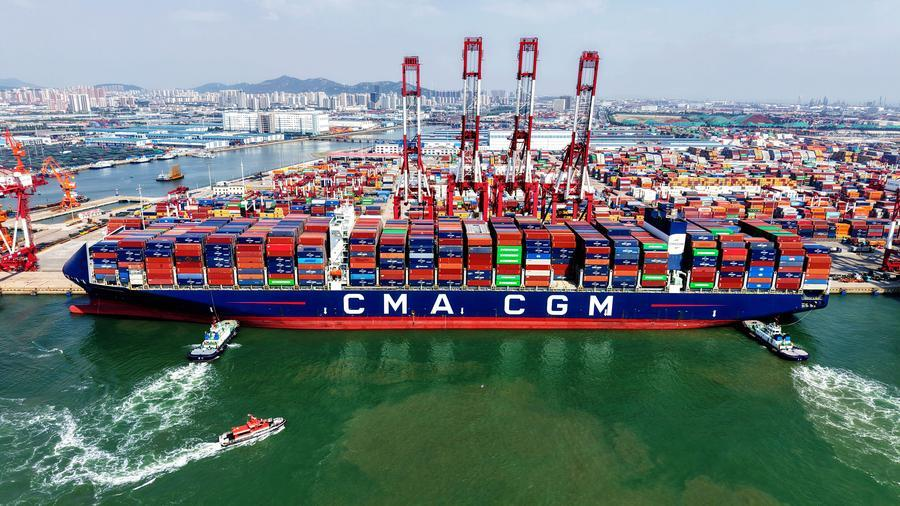 A cargo ship berthed at Qingdao Port in Qingdao, Shandong Province in east China, June 9, 2026. /Xinhua