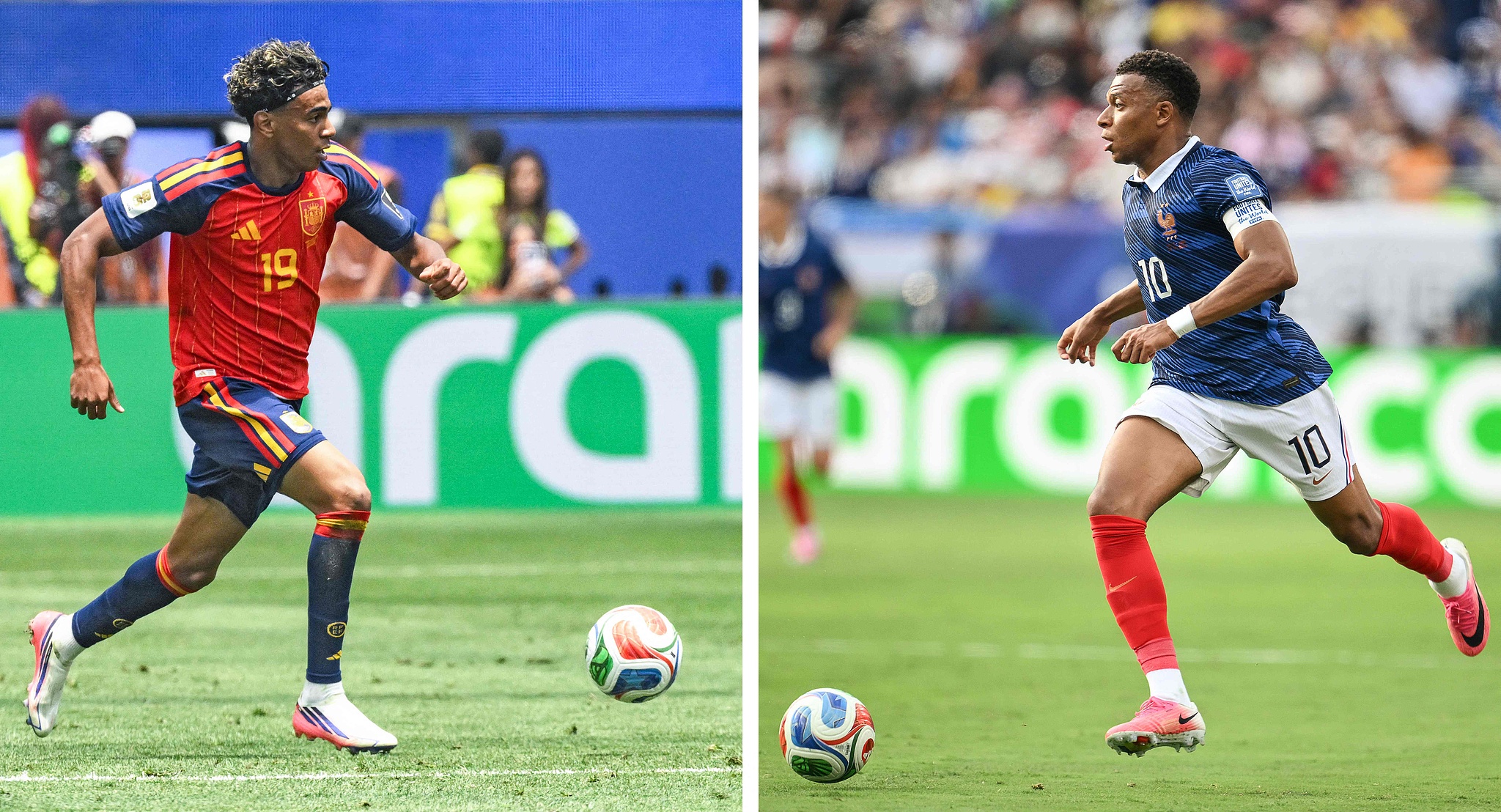 Spain midfielder Lamine Yamal (L) and France striker Kylian Mbappe. /VCG
