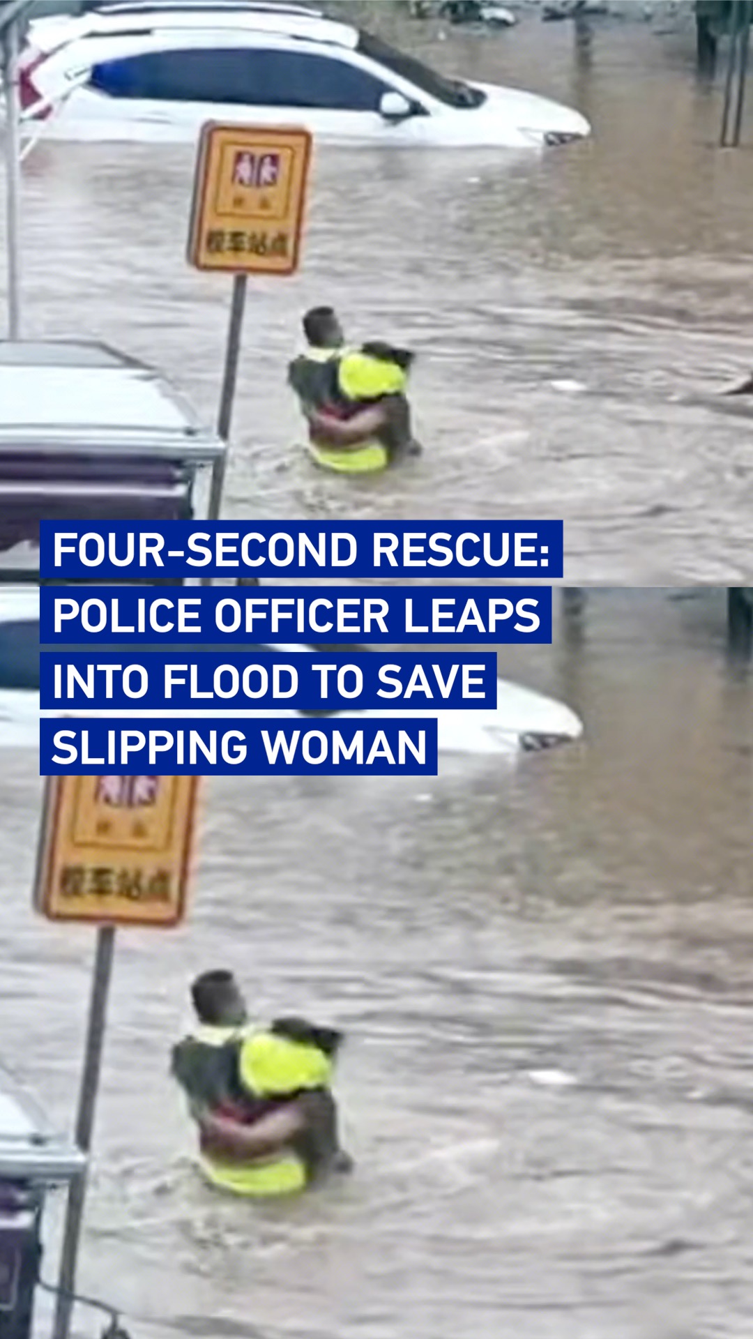 Police officer leaps into flood to save slipping woman