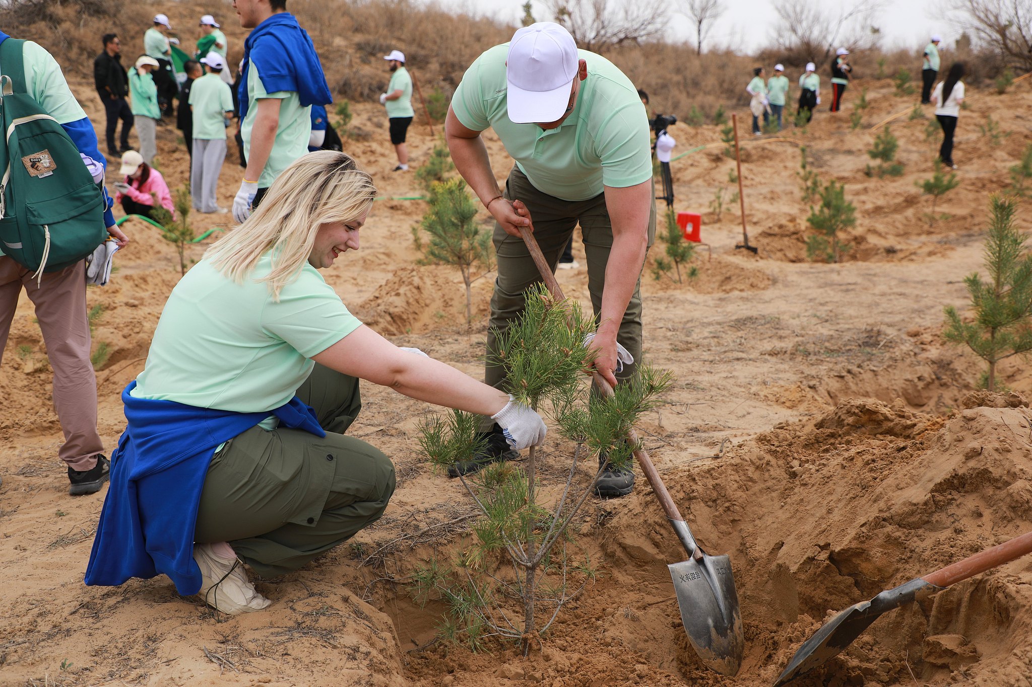 International students plant tree saplings in the Kubuqi Desert, Ordos, north China's Inner Mongolia Autonomous Region, April 18, 2026. /VCG