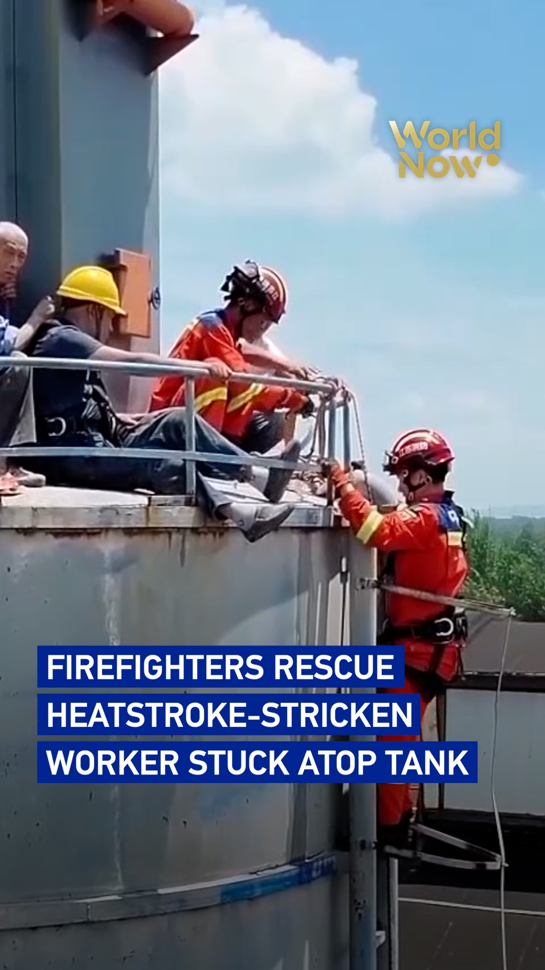 Firefighters rescue heatstroke-stricken worker stuck atop tank