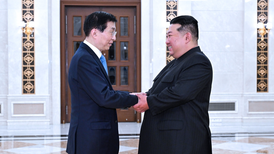 China's top political advisor Wang Huning (L) meets with DPRK leader Kim Jong Un in Pyongyang, July 16, 2026. /Xinhua