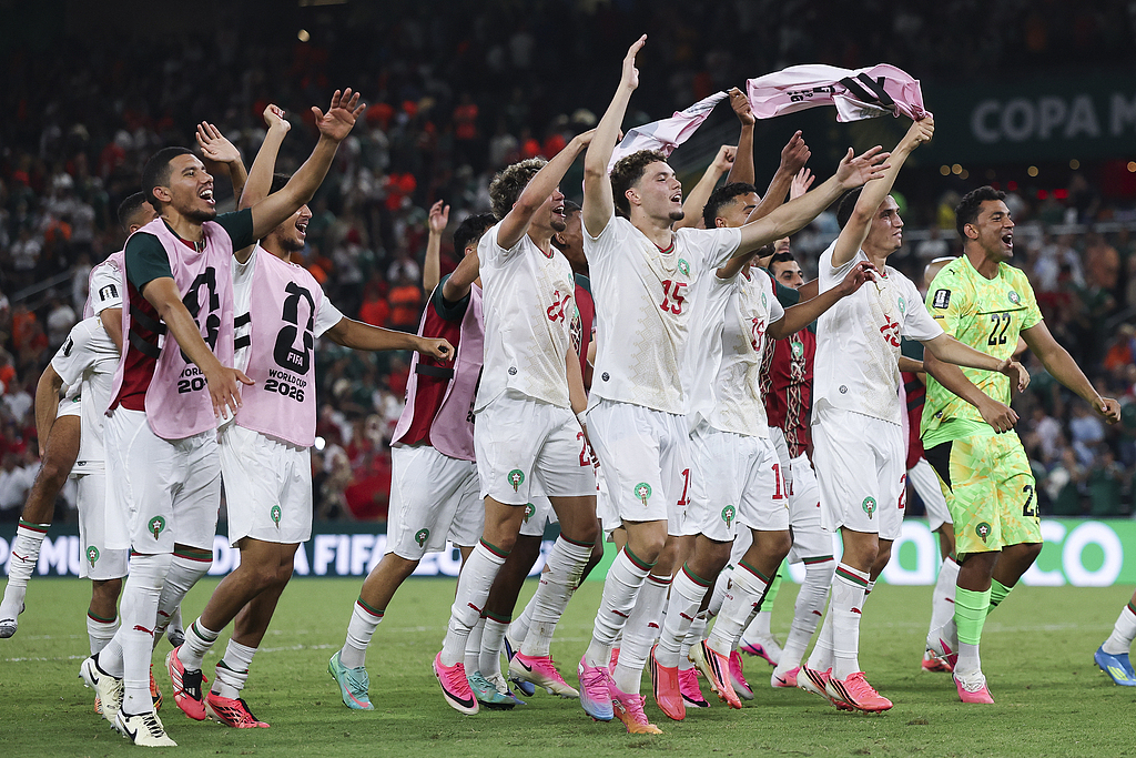Morocco players celebrate the team's victory in the FIFA World Cup 2026 Round of 32 match with the Netherlands at Monterrey Stadium, Mexico, June 29, 2026. /VCG