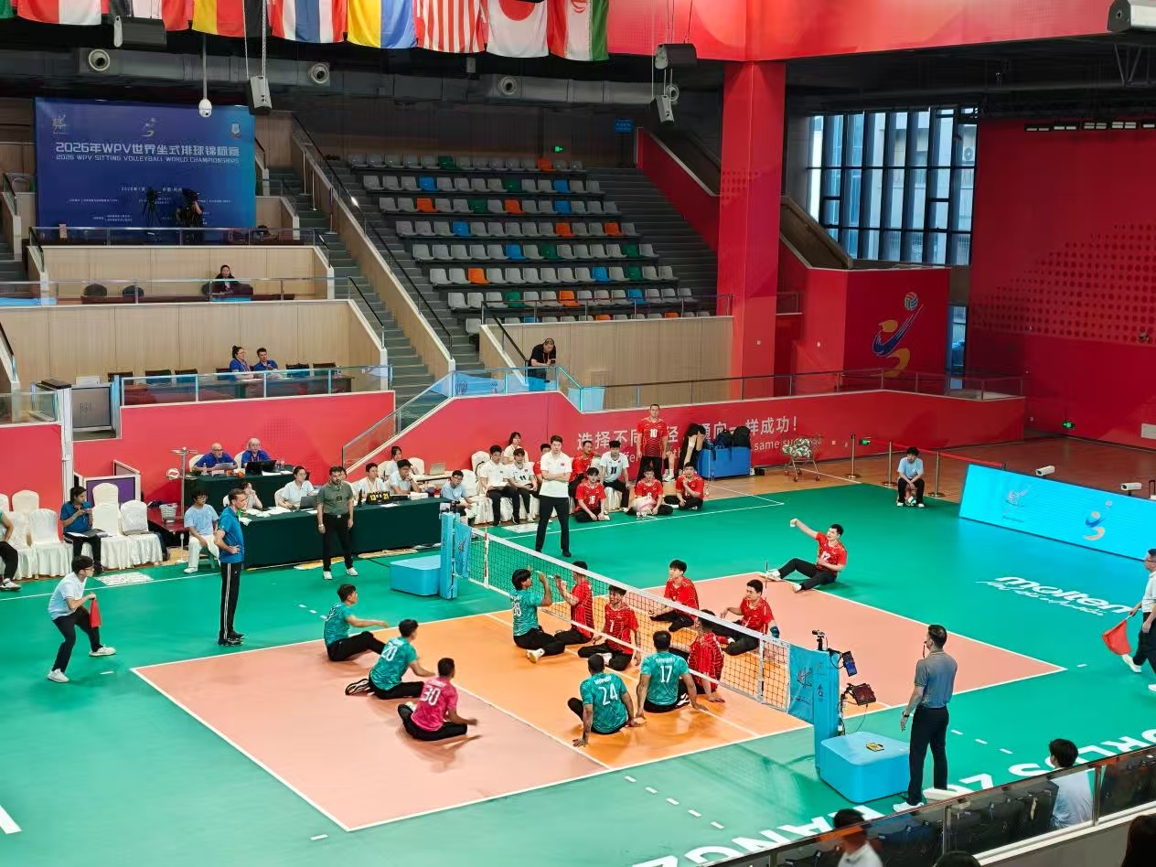 A Sitting Volleyball World Championships match takes place at the China Goalball Training Base in Hangzhou, Zhejiang Province. /Luo Xiao, CMG