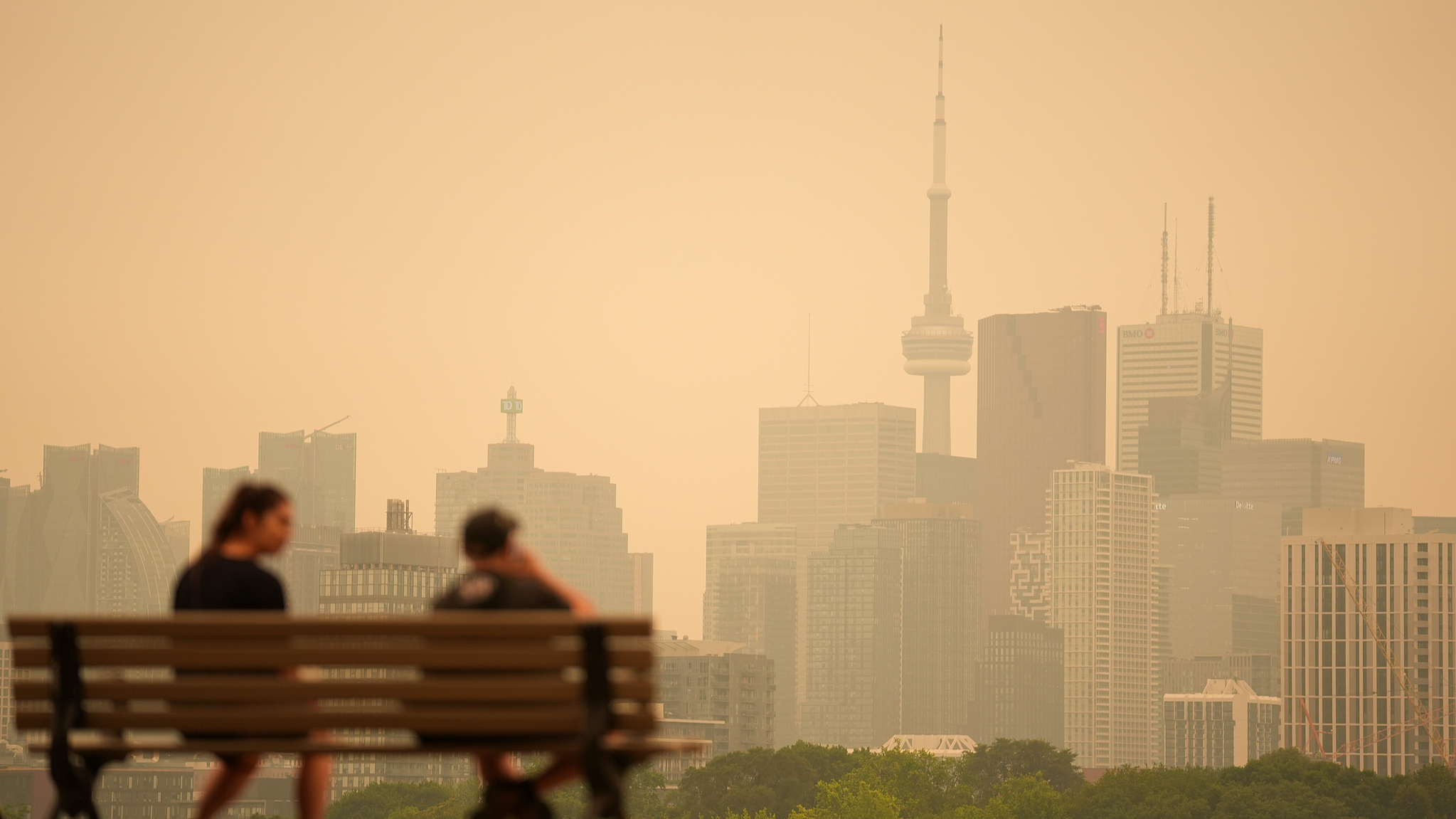 The hazy Toronto skyline is seen as smoke from wildfires continue to impact air quality in Toronto, Ontario, Canada, July 15, 2026. /VCG