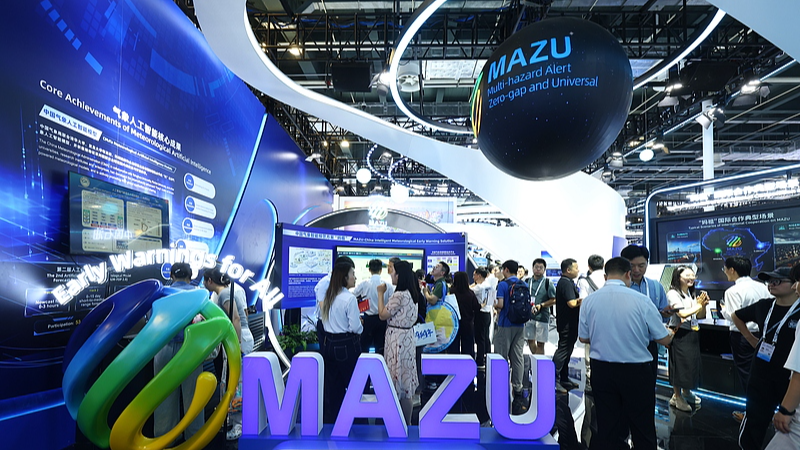 China's AI-powered meteorological early warning solution, MAZU, is showcased at the 2026 World AI Conference and High-Level Meeting on Global AI Governance in Shanghai, east China, July 18, 2026. /VCG