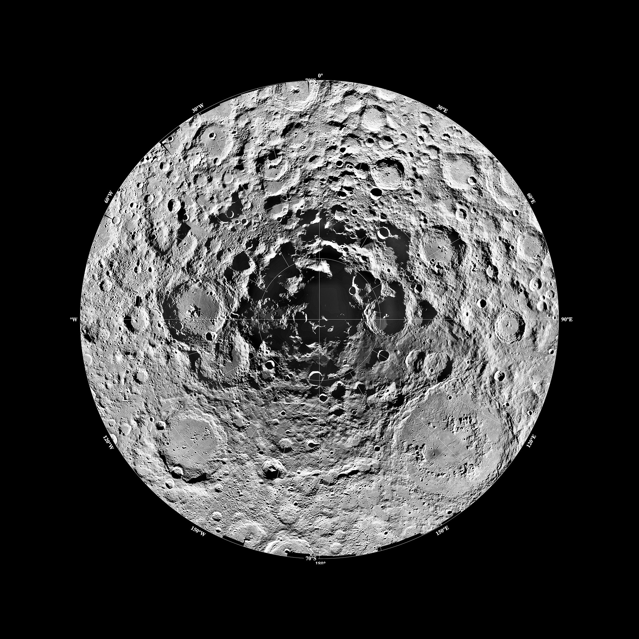 The Moon's south pole, imaged by the U.S. Clementine mission. /VCG