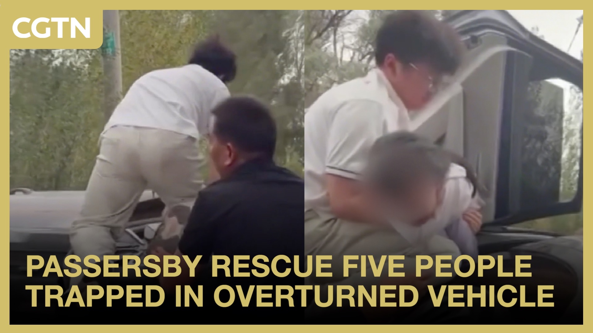 Passersby rescue five people trapped in overturned vehicle
