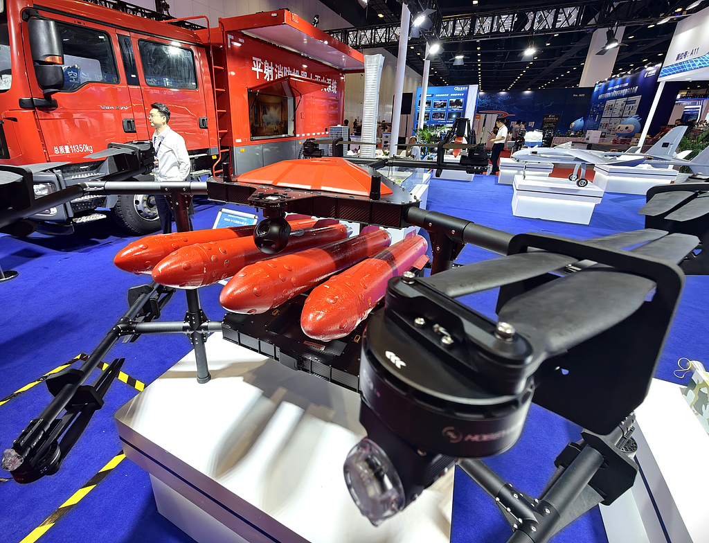A firefighting AI robot​ on display at the 2026 Beijing International Low-Altitude Economy and UAV System Industry Exhibition, Beijing, China, June 26, 2026. /VCG