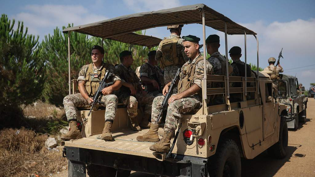 Lebanese soldiers patrol at the entrance to Zawtar al-Gharbiya in the Nabatieh District in Lebanon, on July 22, 2026. /VCG