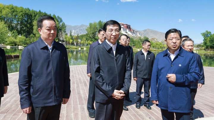 Wang Huning (C), a senior official of the Communist Party of China (CPC), learns about efforts to promote ethnic unity and progress at a park during his four-day research tour in Lhasa, southwest China's Xizang Autonomous Region, July 19, 2026. /Xinhua