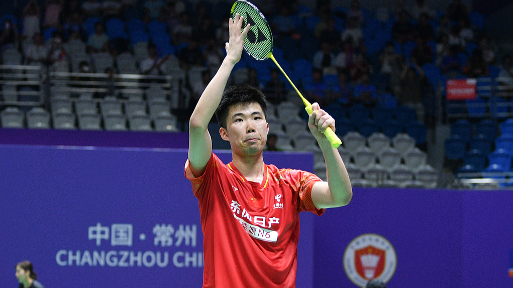 China's Weng Hongyang reacts after beating Anders Antonsen at the China Open in Changzhou, east China's Jiangsu Province, July 21, 2026. /VCG