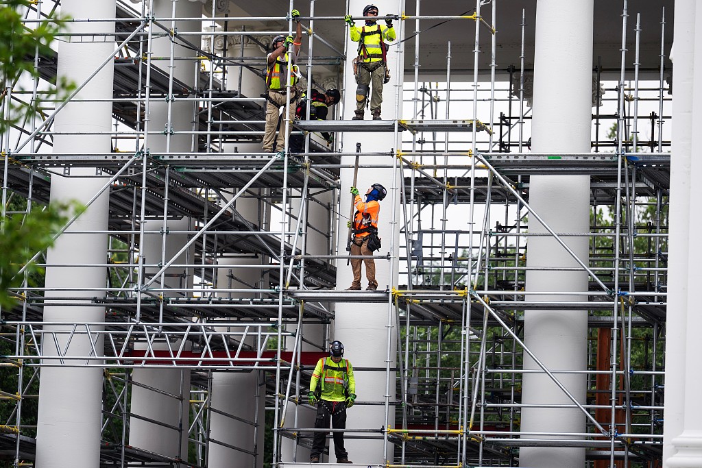 Workers assemble scaffolding around the North Portico of the White House on Monday July 6, 2026. /VCG