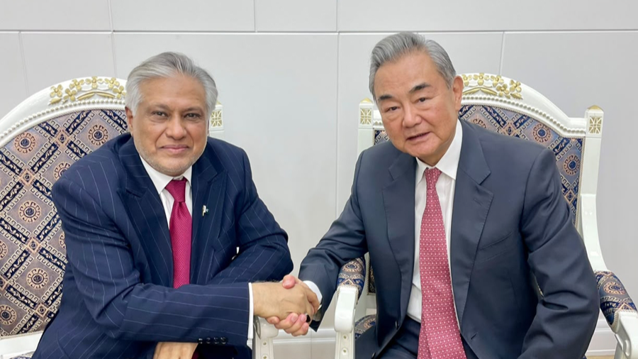 Chinese Foreign Minister Wang Yi meets with Pakistani Deputy Prime Minister and Foreign Minister Mohammad Ishaq Dar on the sidelines of the Meeting of the Council of the Ministers of Foreign Affairs of the Shanghai Cooperation Organization (SCO) Member States in Kyrgyzstan, July 24, 2026. /China's Ministry of Foreign Affairs