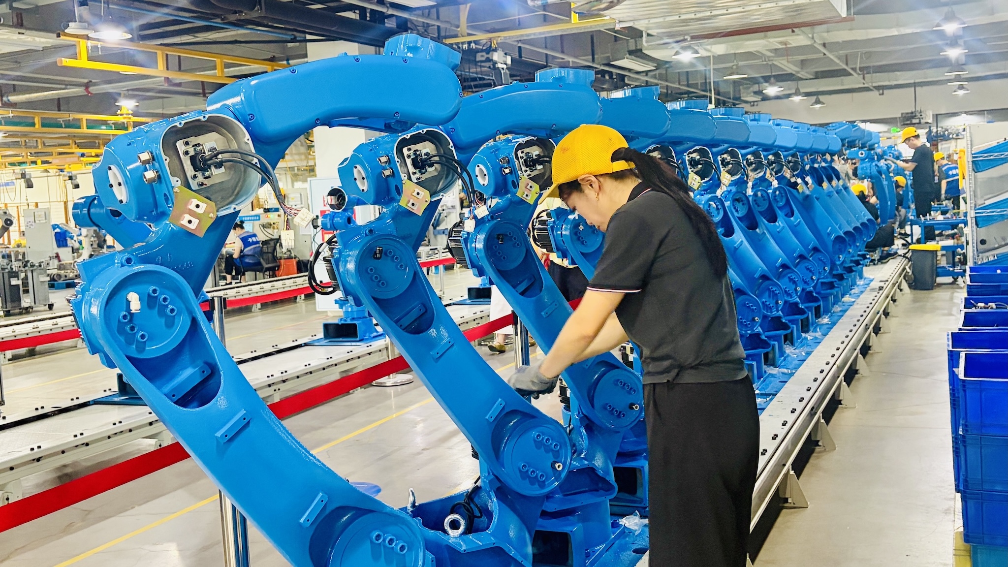 A photo of different kinds of industrial robot models at Chengdu CRP Robot Technology Co., Ltd., Chengdu, China./CGTN