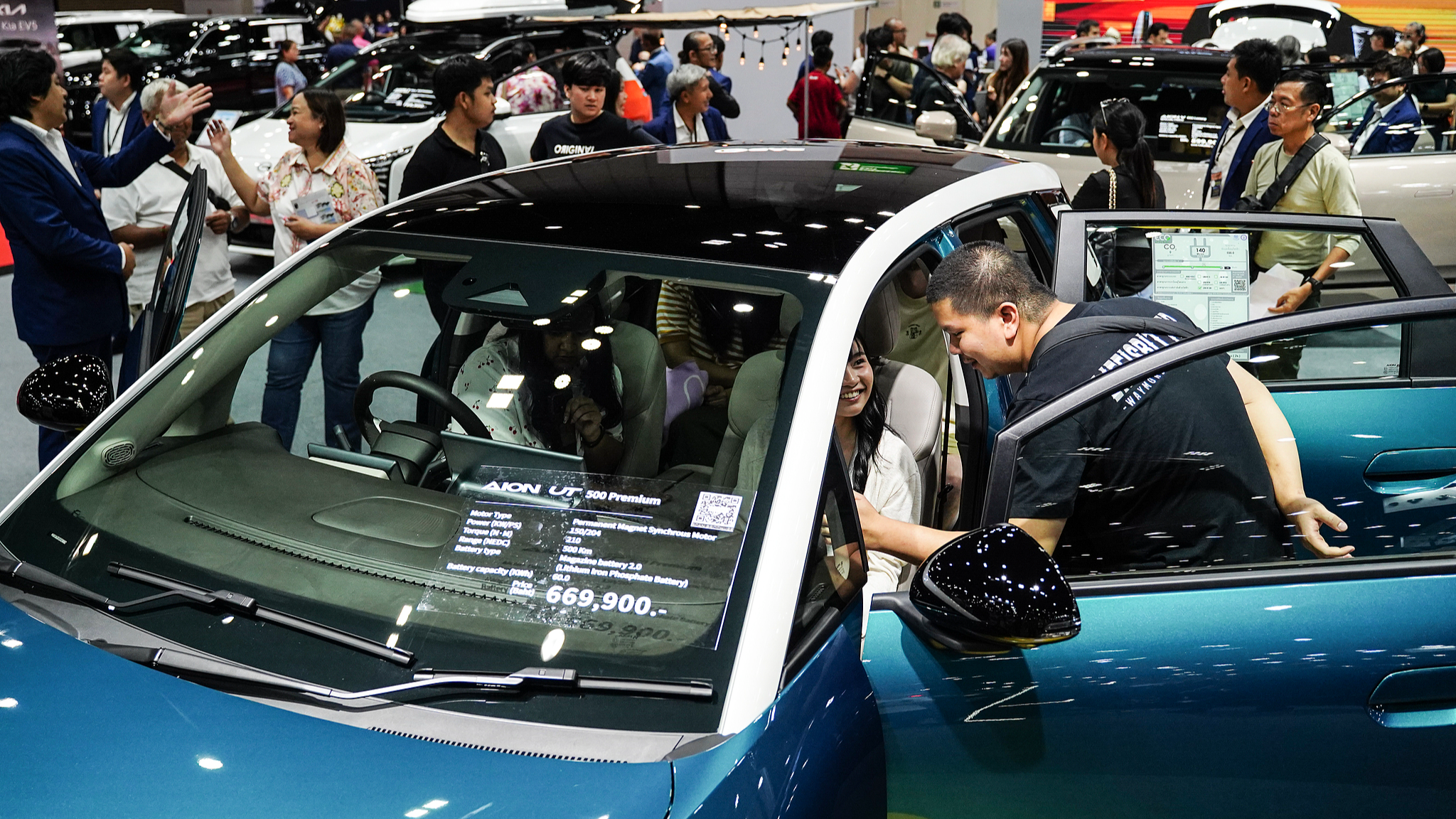 China's Aion UT electric cars on display at the Big Motor Sale 2025 automobile showcasing event in Bangkok, Thailand, August 23, 2025. /CFP